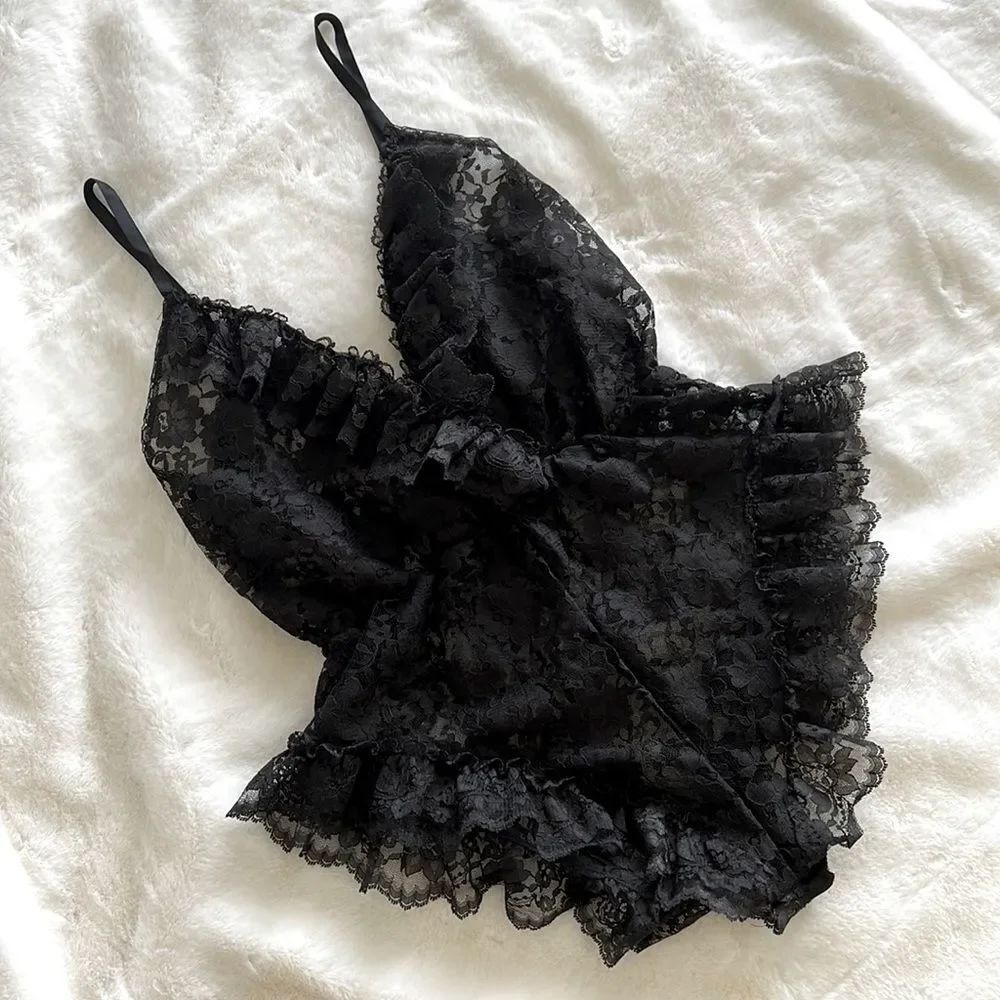 Vintage retro black lace romper teddy S